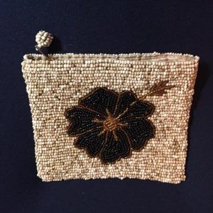 Floral Hand Beaded Wallet Change Purse Browns Black 4.75"x4"